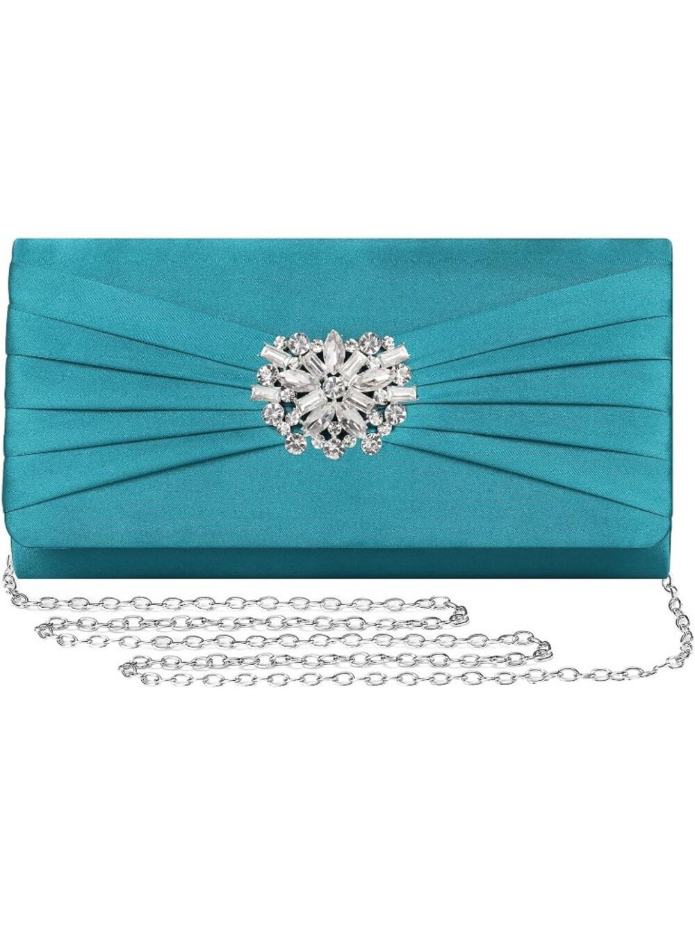 Women's Teal Satin Rhinestone Clutch Prom Detachable Chain Evening Bag